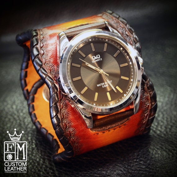 Leather Cuff Watch Cherry Red fade Traditional American ROCKSTAR Bracelet made for YOU in NYC by Freddie Matara
