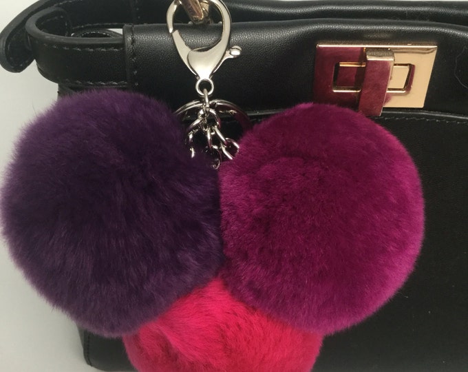 Trio rabbit fur pom pom corsage Bag Charm Totem keychain Deep Purple Electric Purple Hot Pink
