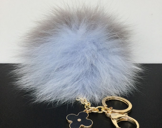 New! Pale Blue Grey FW'16 fox fur Pompon bag charm pendant Fur Pom Pom keychain keyring with flower charm