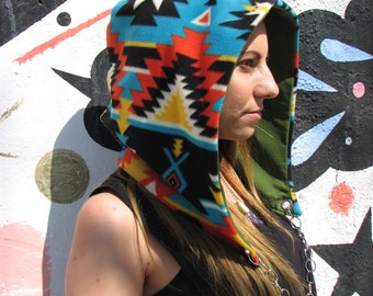 reversible grateful dead festival hood with chain, one of a kind hood, hippie hood, festi hood, festival hood, gyps