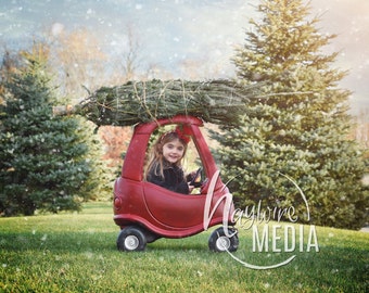 Holiday Christmas Tree Little Car Children's Portrait Outside for Photographers - Digital Backdrop