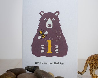Bear & Bee First Birthday Card, Age One 1 Childrens Teddy Bear Greeting Card, 1st Birthday Animal Card, Kids Jungle Birthday Card