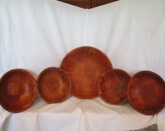 Parquet bowls, vintage salad bowls, retro wood bowls, weaved wooden bowls, farm house kitchen, parquet, wooden dishes, serving bowls