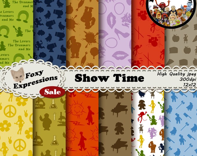 Show Time digital paper inspired by The Muppets Comes with Kermit, Ms Piggy, Gonzo, Fozzy Bear, Rowlf, Animal, Beaker, Professor Bunsen, etc