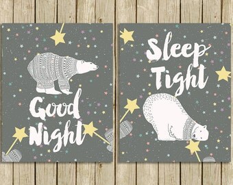 Nursery art print polar bear wall art printable quote Good Night Sleep Tight winter nursery poster downloadable grey yellow nursery decor