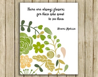 Printable wall art modern home decor flowers quote instant download matisse green beige