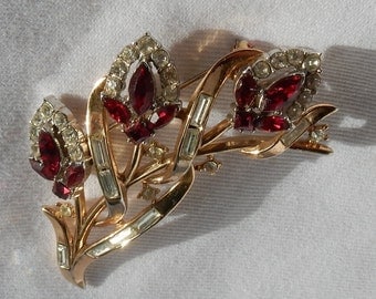 SALE Trifari Pat. Pending Brooch - Ruby Colored Rhinestones - Designed by Alfred Philippe