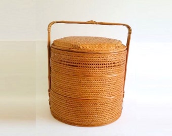 Vintage Stack Basket / Chinese Wedding Basket / Woven Wicker Basket / 3-Tier Basket / Rattan, Bamboo Made Container