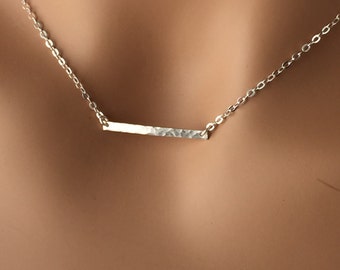 Silver bar necklace-hammered sterling silver bar-horizontal bar pendant-everyday necklace-simple bar jewelry-hammered silver bar necklace