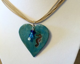 Seahorse Heart Pendant Necklace 18" with Glass Beads Unique Stoneware Handmade