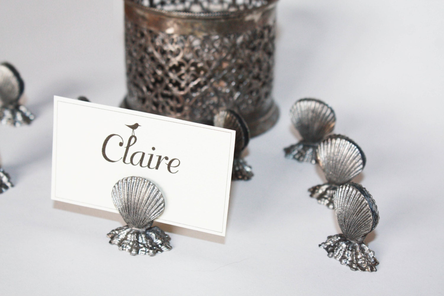 8 Vintage Pewter Place Card Holders Cute Pewter Clam Shells