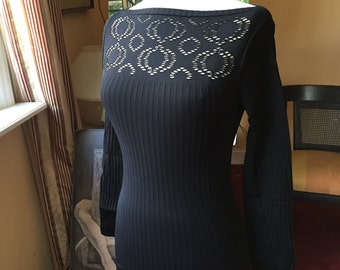 Black Eyelet Lace Top Long Sleeves Exclusive Seamless Stretch Top with Lace Carre Design Stretch Lace Underjacket Blouse Eyelet Decollete