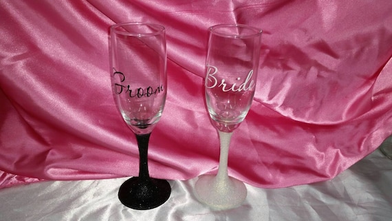 Glitter Bride and Groom toasting by ShelleyBelleCreation on Etsy