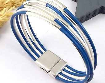Kit strap blue white 7 strands tubes and silver plated clasp