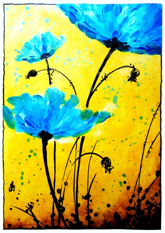 Items similar to Flower Acrylic Painting Blue and Yellow on Etsy