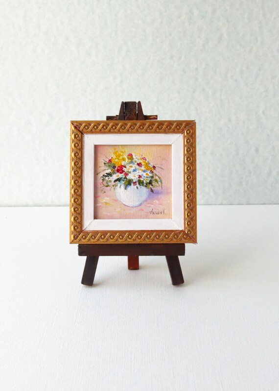 Dollhouse wall art Floral decor for doll house Mini oil