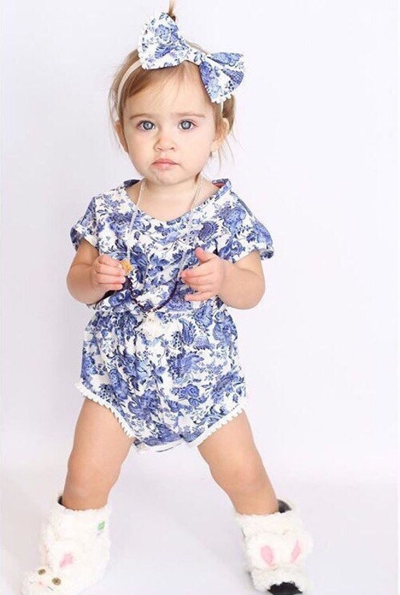 trim blue pom pom blue comes China Royal wjth Floral headband, Fine matching romper,