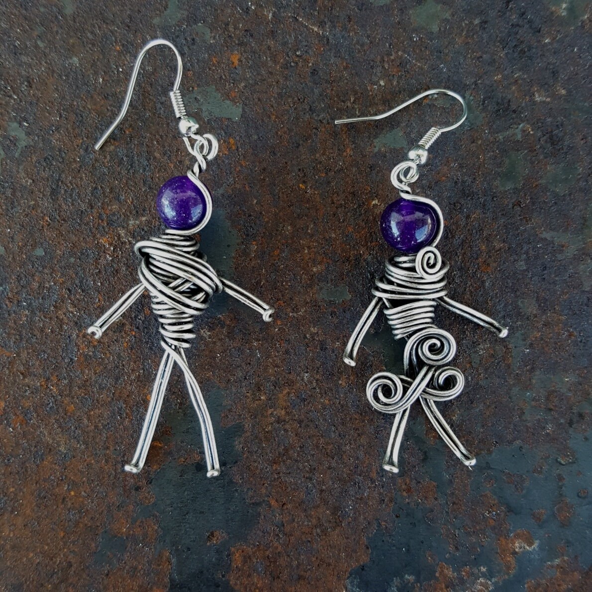 Silver plated wire wrapped stick man earring. Handmade boho