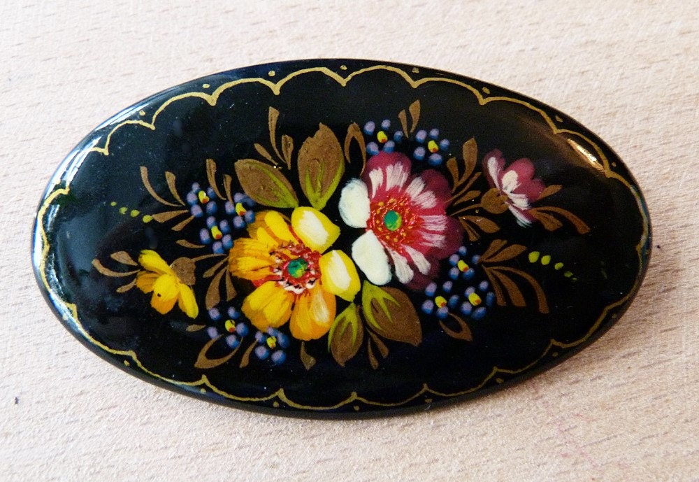 Russian Wooden Brooch 1950s Hand Painted Palech by letitbestyle