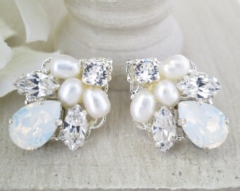 White opal post earring, Swarovski rhinestone wedding earring, Simple crystal bridal earring