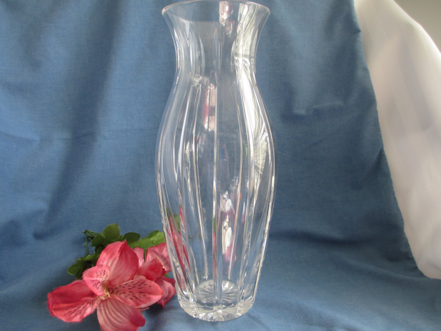 Large Etched Atlantis Lead Crystal Flower Vase with Cut Ribbed