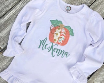 Girls Long Sleeve Vintage Applique Pumpkin with Name