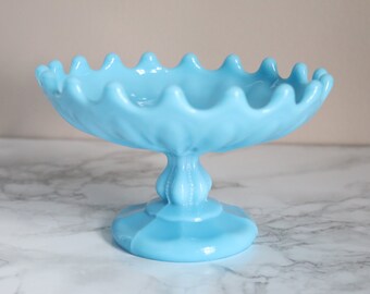 Vintage Portieux Vallerysthal Blue Milk Glass Footed Compote