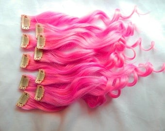HOT PINK 100% Human Hair Extensions : Double Wefted Clip In Hair Extensions, Remy Hair Extensions, Neon Hair, Single Clip Extensions