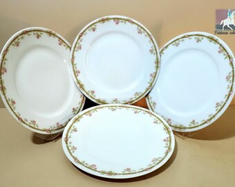Limoges -Theodore Haviland Antique Salad Plates 4 pc Set- 1903 Mark-Replacement China-Art Noveau/Art Deco Design Pink Rose Garland on Green