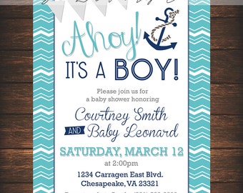Ahoy, Nautical, Boy, Baby Boy, Babyshower, Blue, Red, Sea, Birthday, It's a boy, Nautical theme, Invite