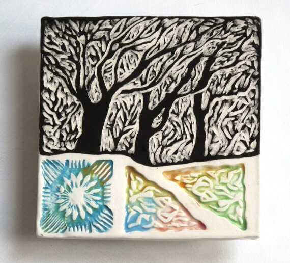 Sgraffito Tree Tile Original Ceramic Art ©Glenda Puhek