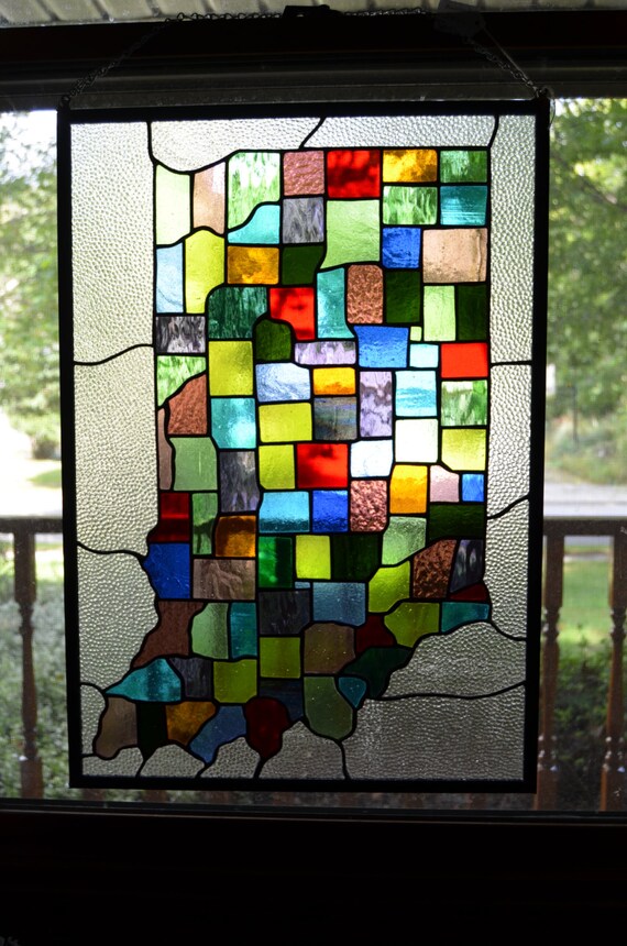 Stained glass panel Indiana counties map Hoosier state 17 x