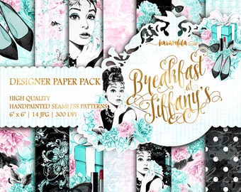 Fashion Paper Pack Breakfast at Tiffanys Black Blue Teal Audrey Hepburn Planner DIY Watercolor Peonies Digital Background Hydrangea Patterns
