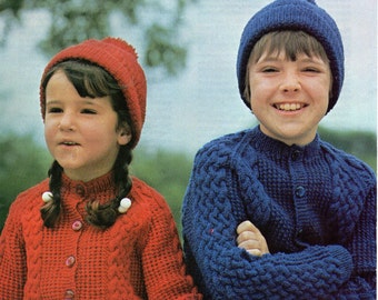 Argyll 823 Vintage Children's Aran Knitting Pattern PDF Instant Download 24 - 32" Cardigan and Hat, Aran weight yarn