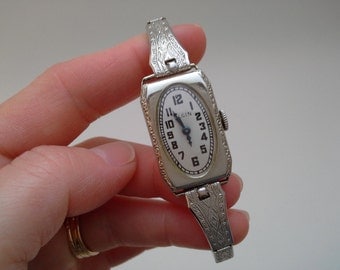 Vintage Ladies Elgin Watch, Working Elgin, Running Watch, White Gold Filled Watch, White Gold Watch, Art Deco Watch,Superior Watch Band