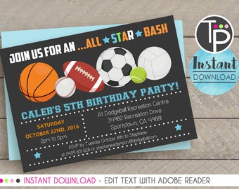 ALL STAR SPORTS Invitation, Instant download Invitation, Sport Party, Sport Party Invitation, Printable, Edit yourself with Adobe Reader