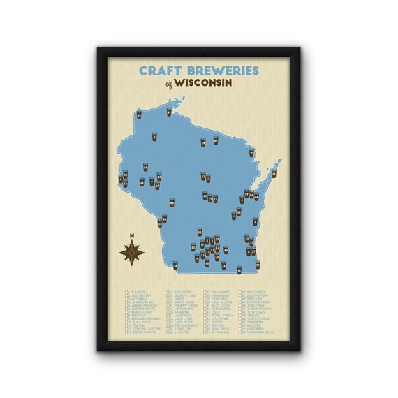 Wisconsin Craft Breweries Map Blue 11x17 by GitchiAdventureGoods