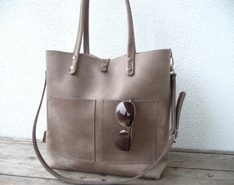 Leather bag, large leather bag, big leather bag, leather bag woman, leather bag women, modern laptop bag, Enie frontpocket - mud-grey!