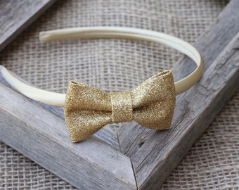 Gold hard headband gold glitter bow headband plastic headband sparkle bow girls headband birthday adult toddler