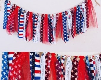 Handmade Red White & Blue "STARS AND STRIPES" Tassel Garland for July 4th/Independence Day, Outdoor Bbq decoration, Front Door Decor