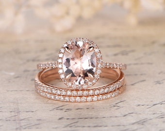 Valentine's present 6x8mm Oval Cut Morganite Ring,Pink Morganite Engagement Ring Set,Thin Diamond Wedding Band,K Gold,3 Wedding Rings Set