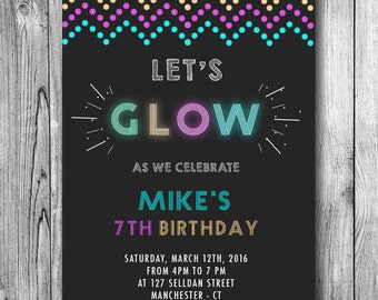 Glow in the Dark Invitations Neon Birthday Party Let's GLOW Invite Boys or Girls Light Black (Printable file, download, templte , Digital)
