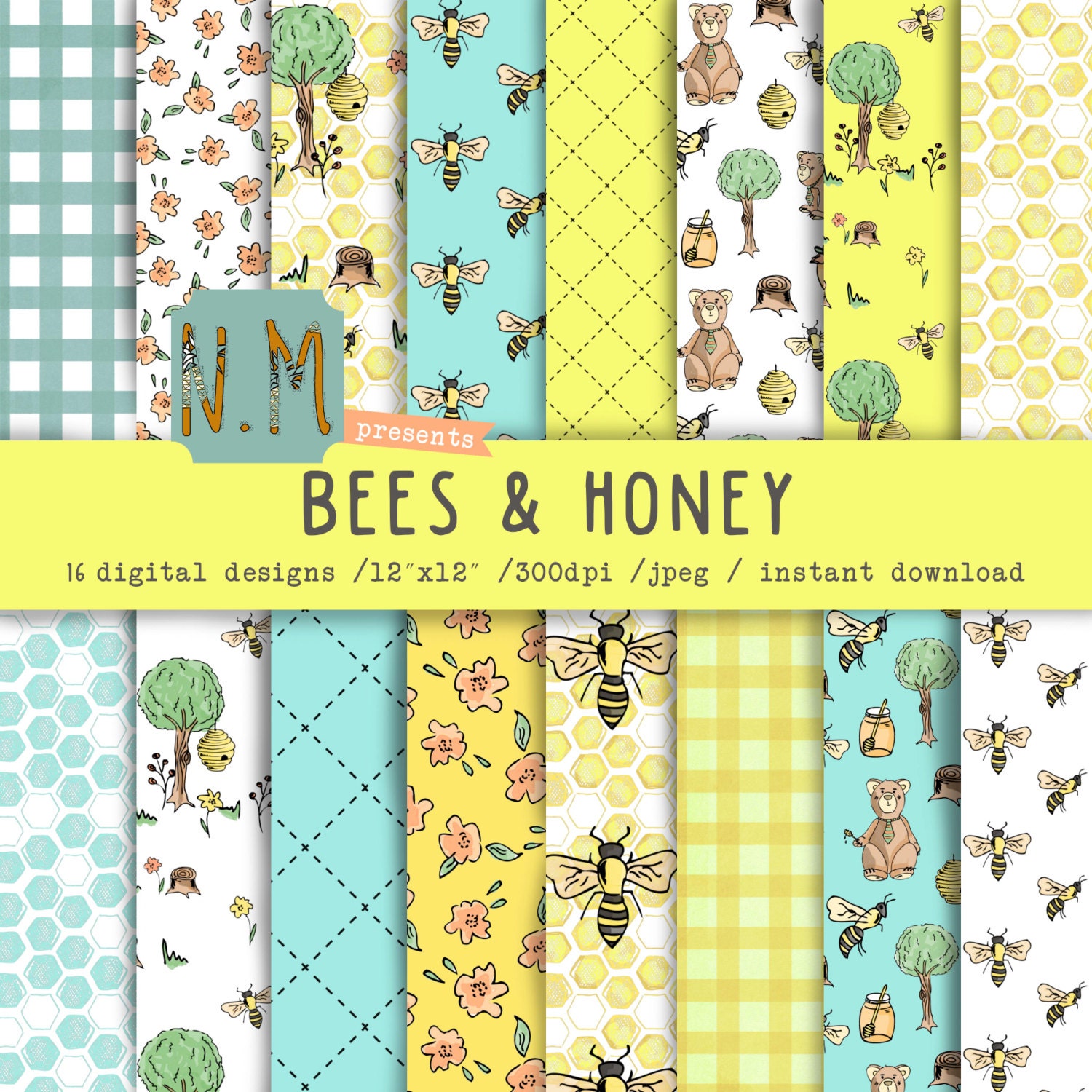 Download Bees digital paper pack bees and honey digital pattern