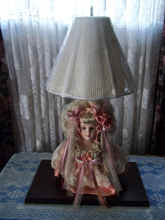 Bisque Porcelain Doll Bust Table Lamp Corded Shade Ribbon Lace