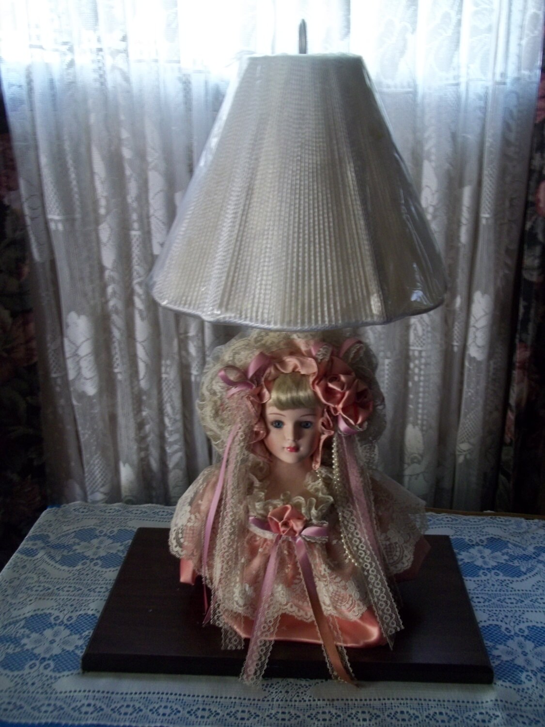 Bisque Porcelain Doll Bust Table Lamp Corded Shade Ribbon Lace