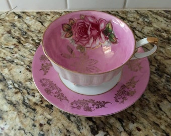 Pink and gold teacup and saucer Royal Halsey L and M