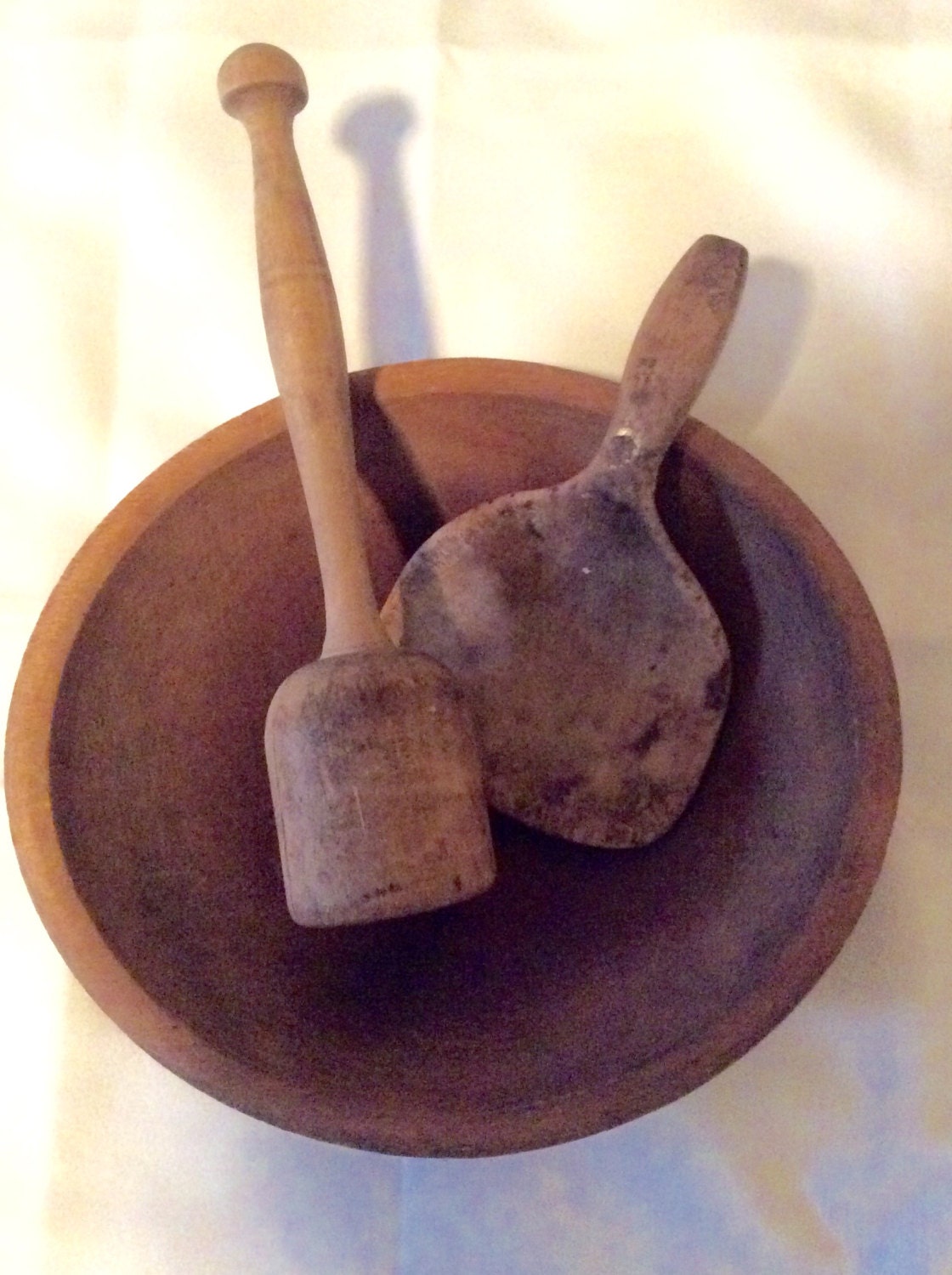 Primitive Wooden Dough BOWL MASHER and PADDLE included