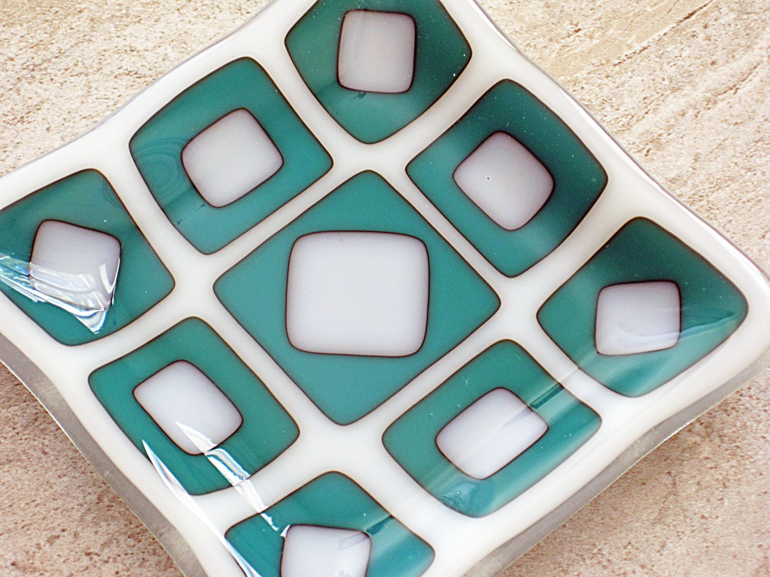 Fused Glass Dish with a Teal and White Geometric Pattern