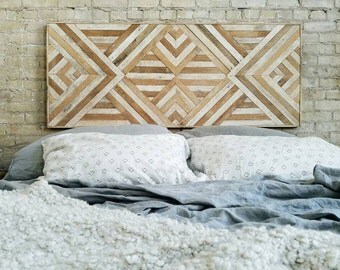 Reclaimed Wood Wall Art, Queen Headboard, Wood Wall Decor, Geometric Pattern 60" x 24"