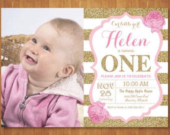 Pink and Gold First Birthday Invitation. Girl Birthday Party.